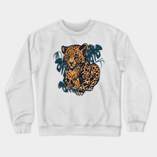 Leopard sitting in between monstera leaves kawaii Crewneck Sweatshirt